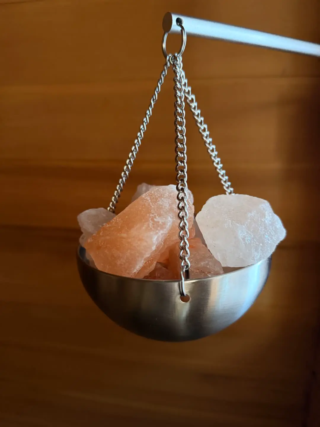 Himalayan salt bowl hanging in the infrared sauna at Fabulook Wellness Studio, Arrington